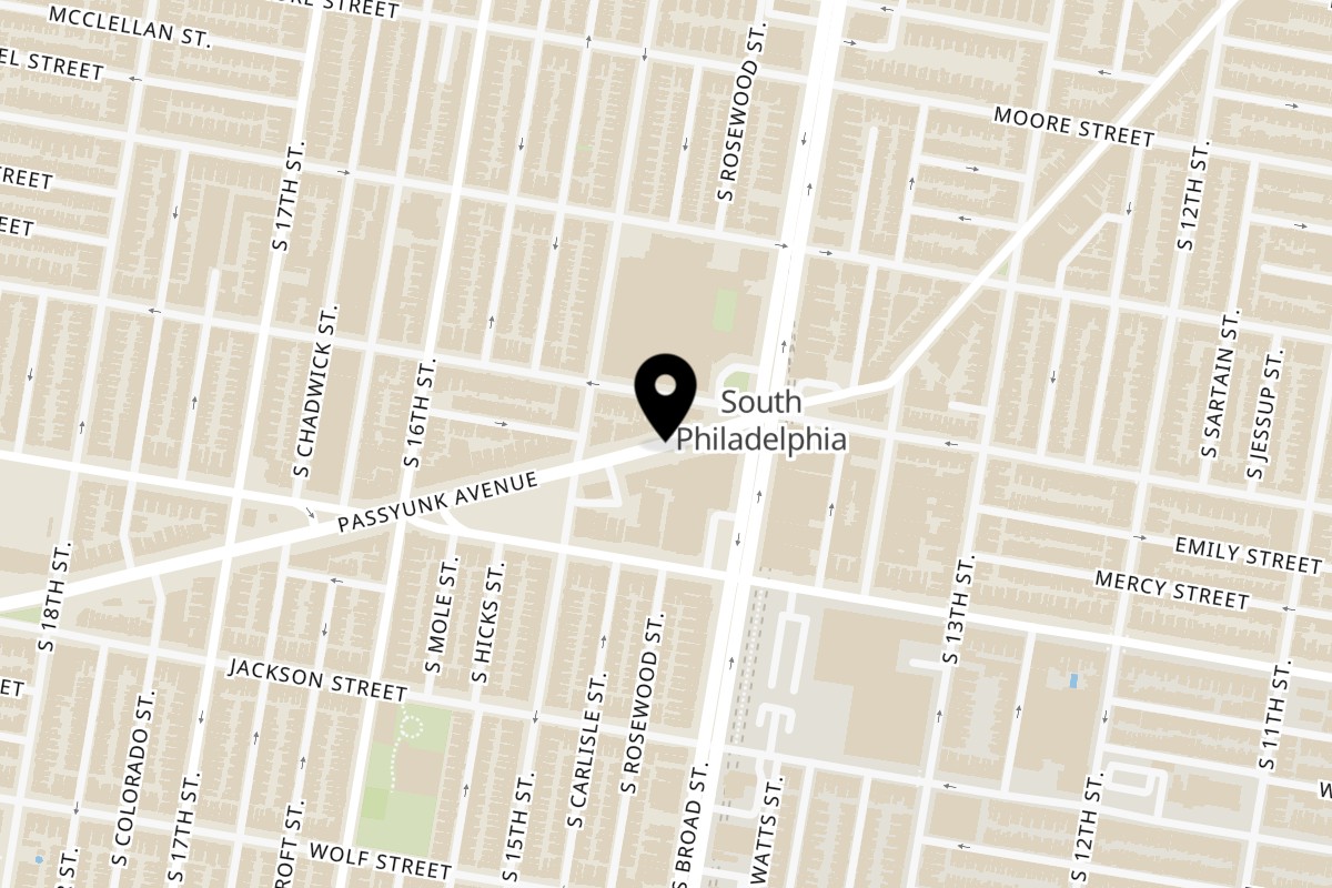Map showing the location of Indo Spice Restaurant on 1423 W Passyunk Ave in Philadelphia
